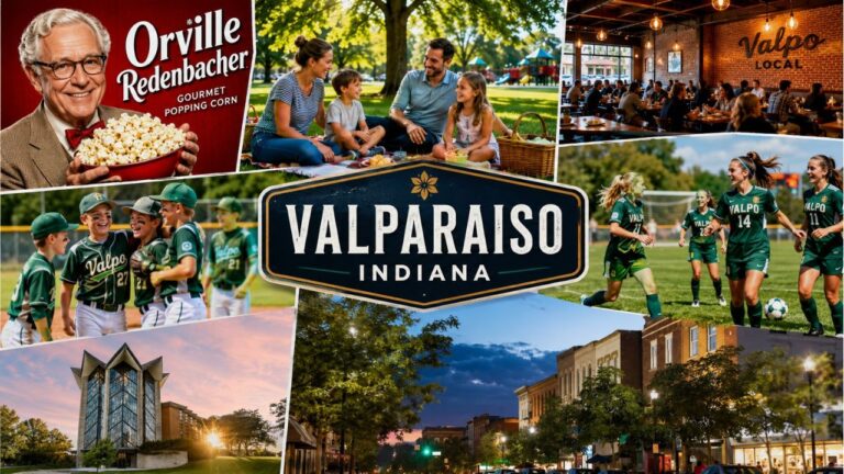 Collage representing family life in Valparaiso, Indiana featuring parks, youth sports, restaurants, downtown Valparaiso, local landmarks, Valparaiso University, and community activities. The image illustrates why many families consider moving to Valparaiso for its schools, safety, recreation, and quality of life in Northwest Indiana.