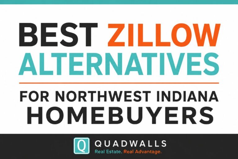 Best Zillow alternatives for Northwest Indiana homebuyers graphic featuring Quadwalls real estate. Learn why local home search websites, local real estate expertise, and lower buyer agent commission fees can be a better alternative to Zillow when searching for homes for sale in Valparaiso, Chesterton, Crown Point, Portage, and Northwest Indiana.