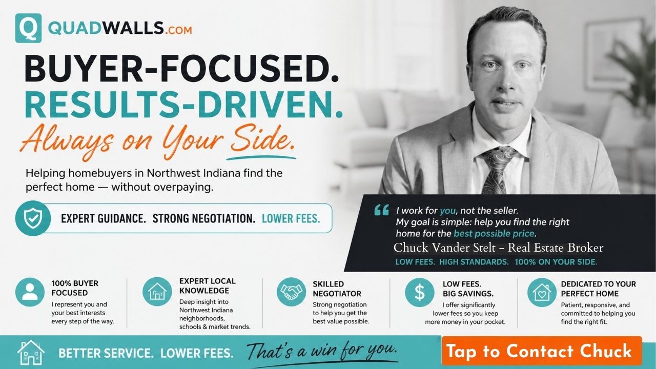 Graphic introducing Chuck Vander Stelt of Quadwalls, a buyer-focused real estate agent serving Northwest Indiana. The image highlights homebuyer representation, low buyer agent fees, negotiation strategies, local market expertise, and guidance for buyers searching for homes in Valparaiso and surrounding Northwest Indiana communities.