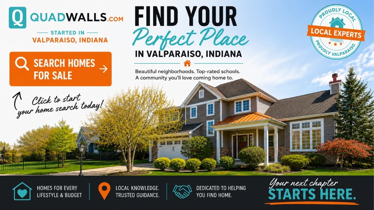 Graphic encouraging homebuyers to search homes for sale in Valparaiso, Indiana on Quadwalls.com. The image features a Valparaiso-area home and promotes local expertise, neighborhoods, schools, and guidance for buyers relocating to or purchasing property in Northwest Indiana.