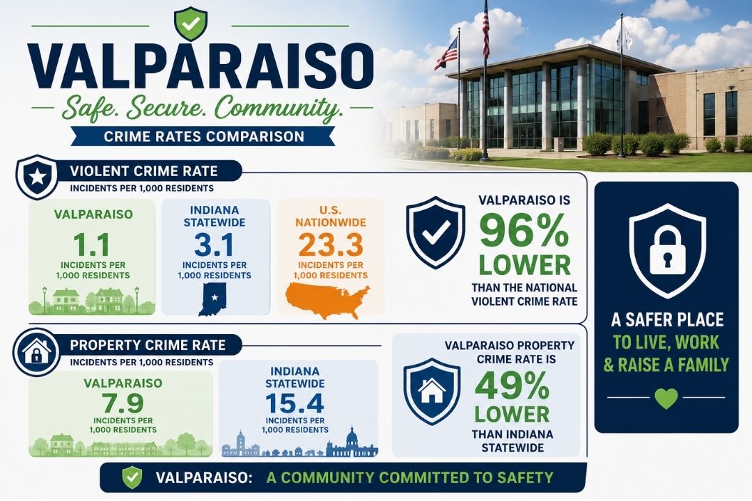 Infographic comparing Valparaiso, Indiana crime rates to Indiana statewide and U.S. averages. The graphic shows Valparaiso violent crime at 1.1 incidents per 1,000 residents versus 3.1 statewide and 23.3 nationally, and property crime at 7.9 versus 15.4 statewide, highlighting why many families consider Valparaiso a safe place to live and raise children.