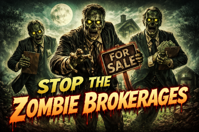 Vintage horror-style illustration representing a Zombie Brokerage, showing zombie real estate agents symbolizing national real estate websites that collect referral fees before connecting homebuyers with local agents. The image illustrates how referral-based real estate platforms can increase homebuyer costs and why working directly with a local real estate agent can help buyers avoid unnecessary referral fees.