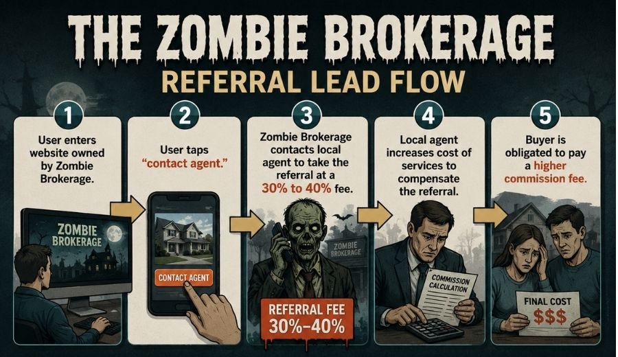 Infographic illustrating the Zombie Brokerage referral lead flow. A homebuyer visits a national real estate website, clicks "Contact Agent," and is referred to a local real estate agent who pays a 30% to 40% referral fee. Using a $350,000 home purchase and a 3% buyer agent commission example, the graphic explains how referral fees can contribute to higher costs for homebuyers and why working directly with a local real estate agent may reduce unnecessary transaction costs.