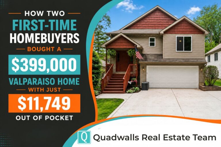 Image providing summary details of how the quadwalls real estate team saved first-time valparaiso homebuyers money with a low buyer agent commission fee and getting a $9,000 credit from the seller